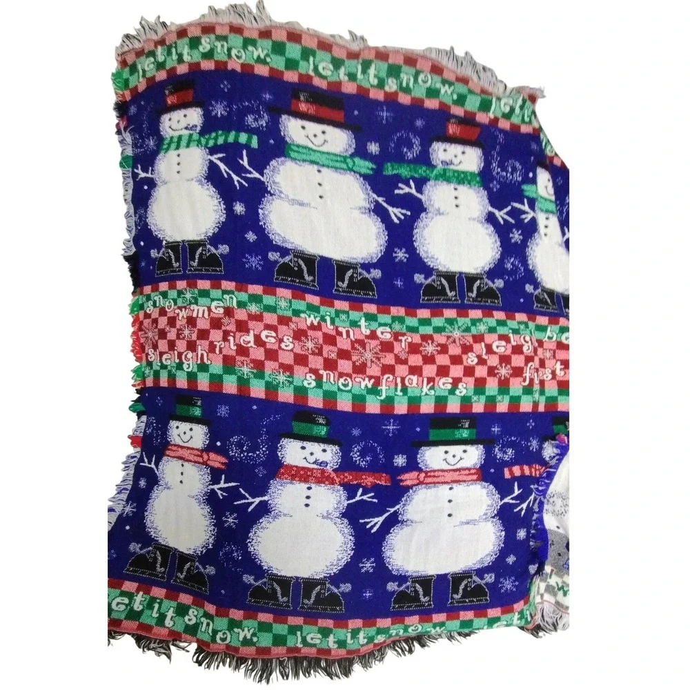 Let It Snow Snowman‎ Throw Blanket Winter Plaid Fringe 48x50 Christmas Décor